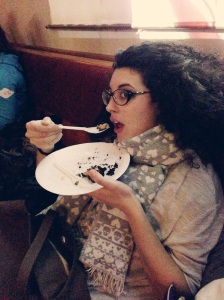 Sofia enjoying her peanut butter pie with an oreo cookie crust. Uh yum?